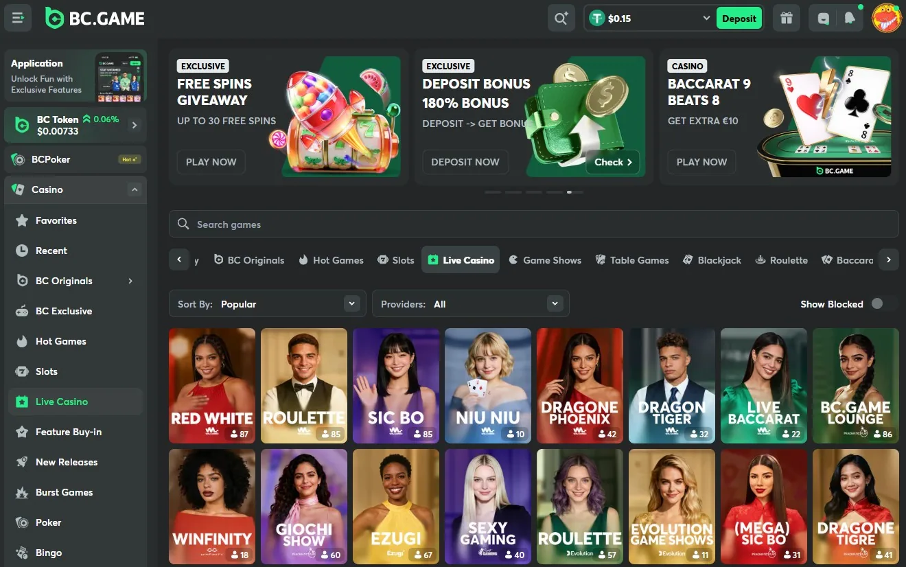 BC.Game interface for crypto dice and casino games with USDT