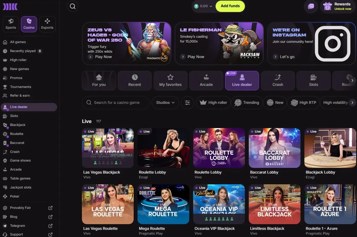 Cloudbet interface including dice and casino games with USDT