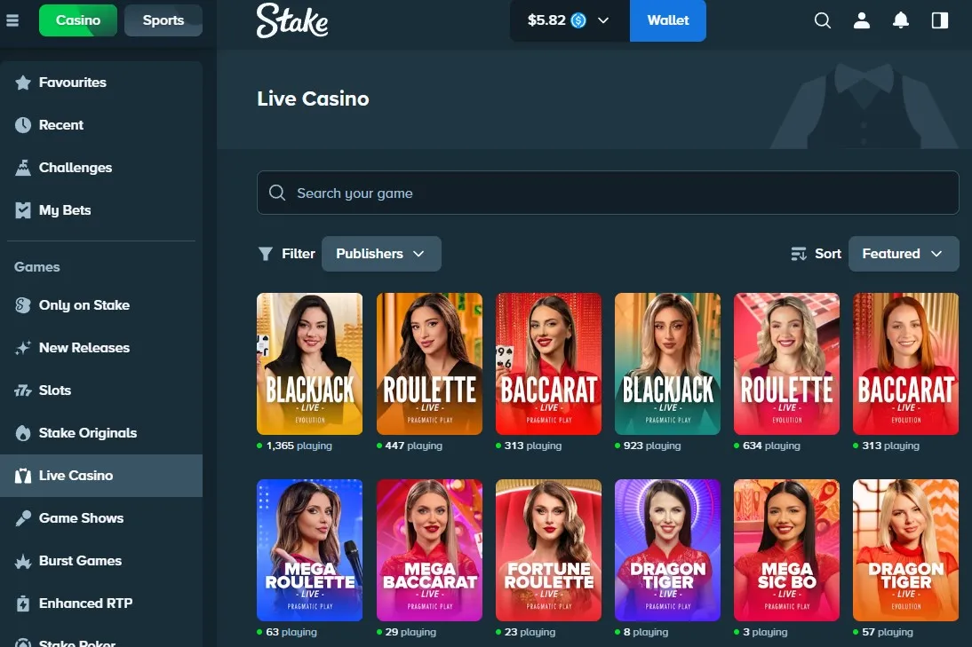 Stake interface including dice and casino games with USDT